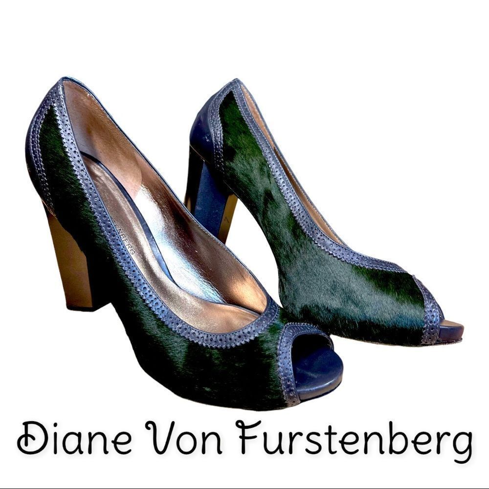 Diane Von Furstenberg Green Ponyhair Peep Toe Pumps Heel Size 9.5 Medium